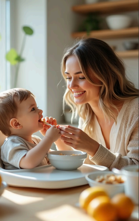 Madre alimentando bebé feliz