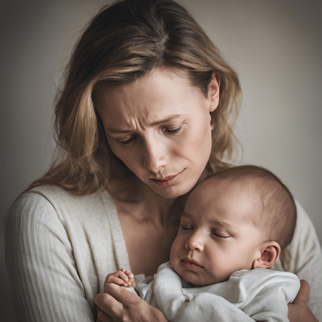 Triste madre sosteniendo a su bebé